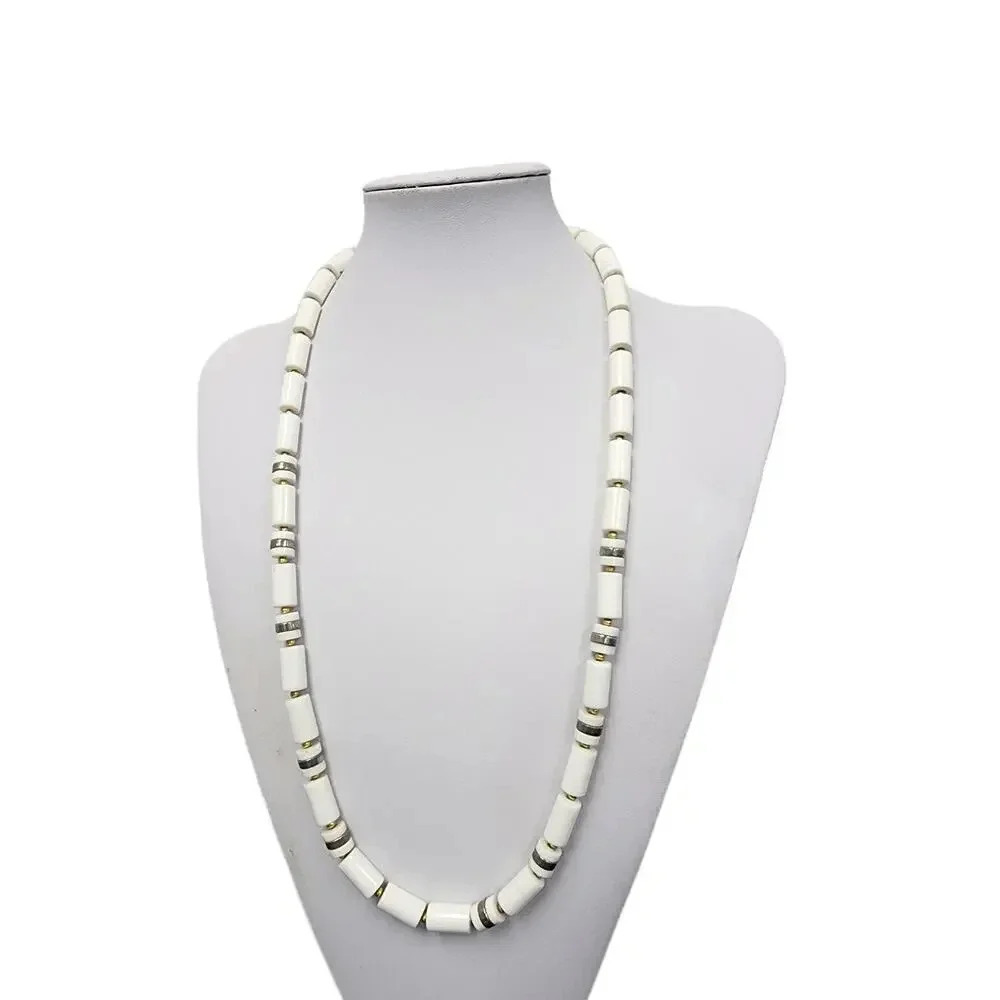 Vintage Rectangle Circular Plastic Beads – White – Necklace – 27 inches
